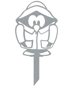 Laser-cut steel garden stake depicting a penguin wearing a sou'wester hat. The design includes detailed cutouts for the penguin’s face and body, with a central pole for easy garden placement. Displayed on a black background to emphasize its whimsical design.